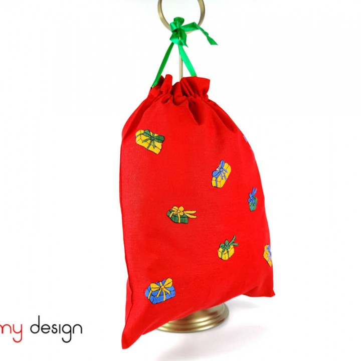 Big red Christmas bag with gift embroidery